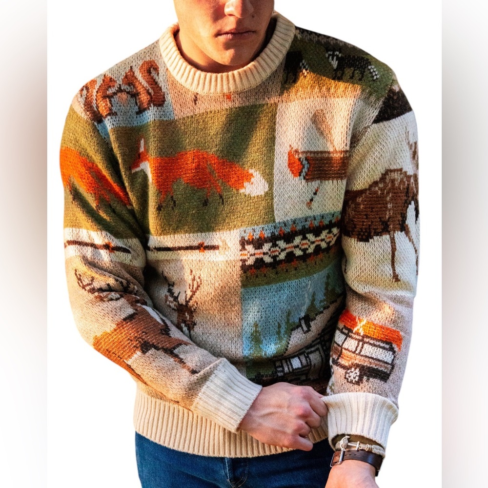KIEL JAMES PATRICK NWT Cozy Cabin Into the Woods Sweater Unisex XS Fox Deer - Picture 12 of 12